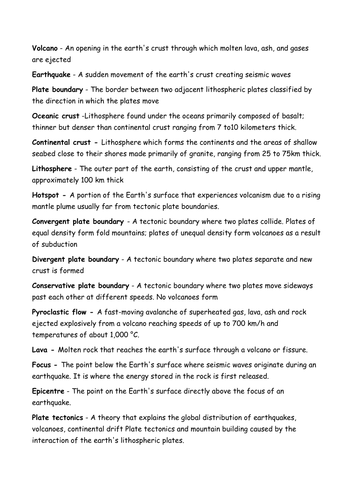 GCSE physical geography - tectonic landscapes and watery world key words and definitions