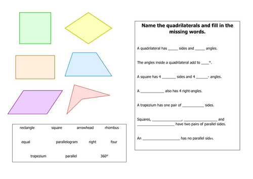 Properties of quadrilaterals- Fill in the missing words starter/plenary