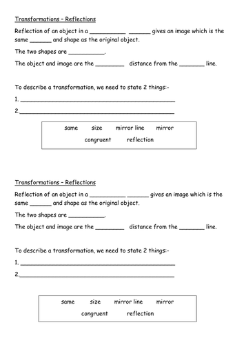 Transformations-reflections- missing words starter/plenary