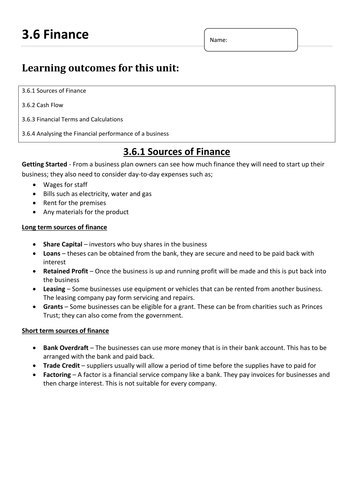 AQA 3.6 Finance