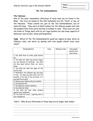 Ten Commandments worksheet  - how many would be law today?