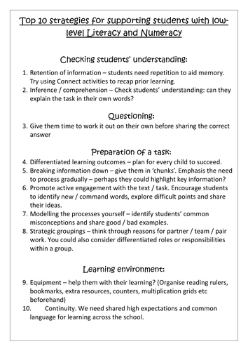 Top Ten Strategies to support low level literacy - whole school