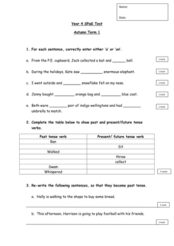 SPaG Test Year 4 Autumn Term 1
