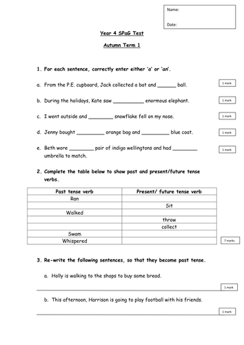 SPaG test - Year 4 Autumn Term 1