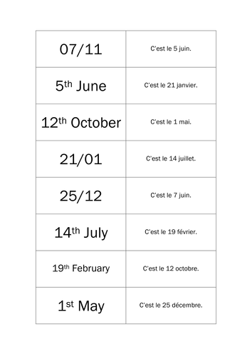  French  match the dates  from English  to French  Teaching 