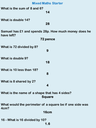 Mixed Maths Starters - Keep your class fresh on a range of topics (Set 1)