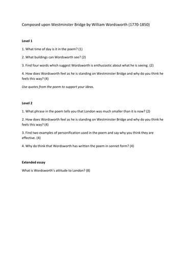 Composed upon Westminster Bridge: differentiated comprehension questions