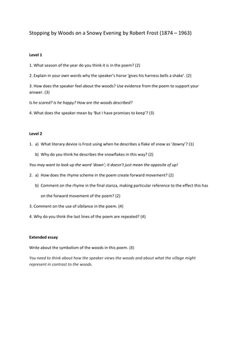 Stopping by Woods on a Snowy Evening: differentiated comprehension questions