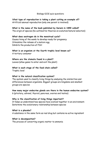 Gcse Biology Quick Quiz Questions For 1 Mark Answers To Test Your Knowledge Teaching Resources