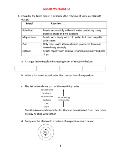 METALS WORKSHEET A WITH ANSWERS