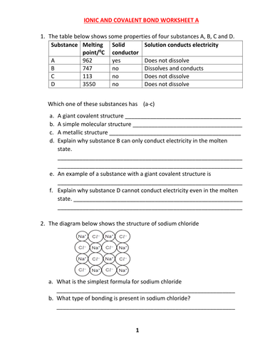 IONIC AND COVALENT BOND WORKSHEET A WITH ANSWERS