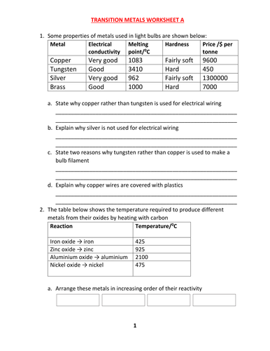 TRANSITION METALS WORKSHEET A WITH ANSWERS