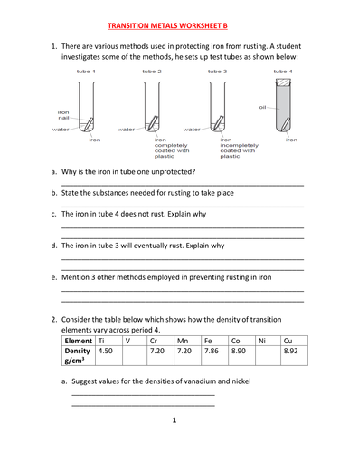 TRANSITION METALS WORKSHEET B WITH ANSWERS