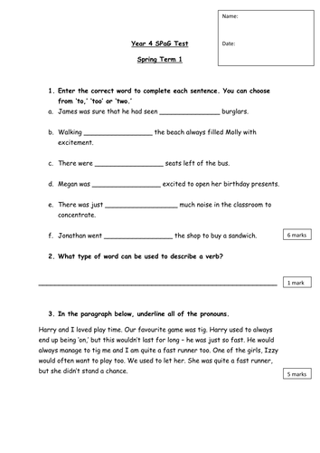 Y4 SPaG Test - Spring Term 1