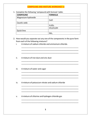 COMPOUND AND MIXTURE WORKSHEET A
