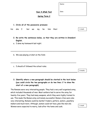 Year 4 SPaG Test - Spring Term 2