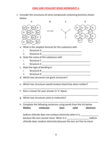 IONIC AND COVALENT BOND WORKSHEET C