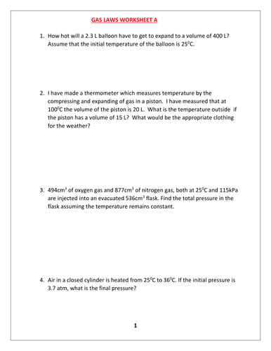 GAS LAWS WORKSHEET A