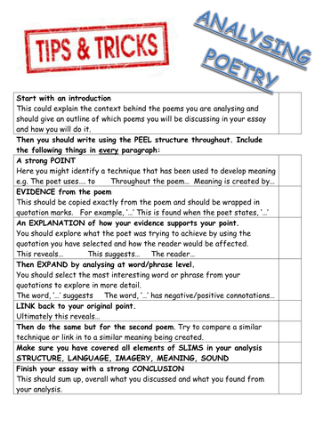 Essay writing helpsheet/scaffold/revision tool focusing on analysing poetry GCSE literature