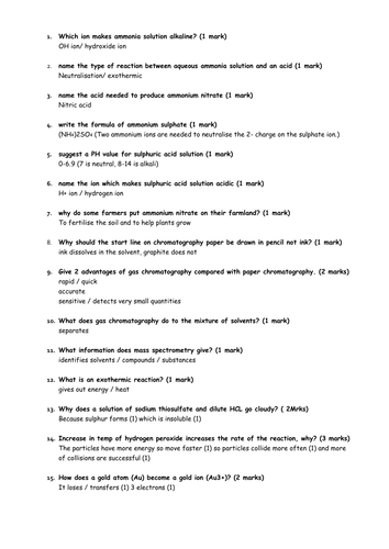 GCSE Chemistry C1, C2, C3 short model answers to ALL topics