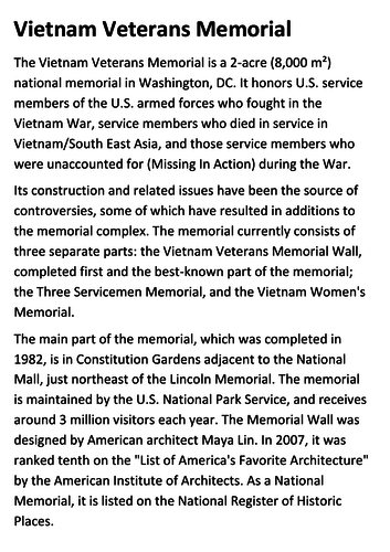 Vietnam Veterans Memorial Handout