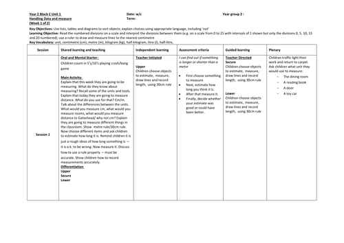 Handling Data and Measure - Lesson Plans - Year 2 - Block C Unit 1 - Measuring