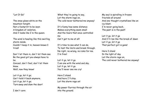 Let it Go from Frozen song lyrics poetry lesson for GCSE or KS3 English