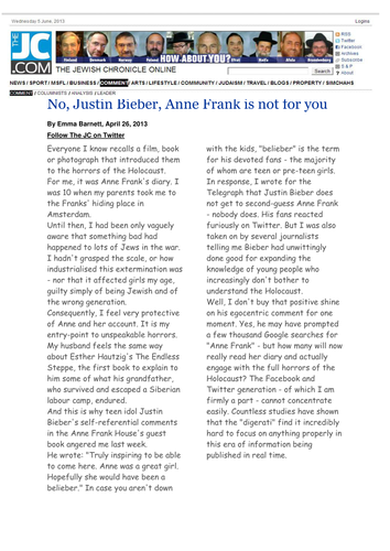 Writing to inform Justin Bieber Anne Frank themed lesson PEEL building