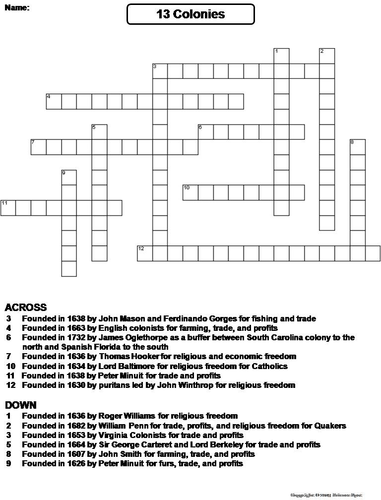 Thirteen Colonies Crossword Puzzle