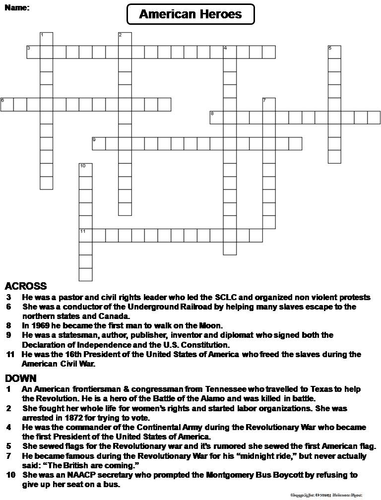 American Heroes Crossword Puzzle Teaching Resources