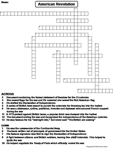 American Revolution Crossword Puzzle