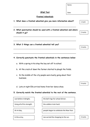 KS2 SpaG test on fronted adverbials