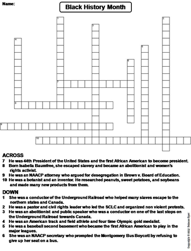 Black History Month Crossword Puzzle Teaching Resources