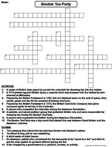 Boston Tea Party Crossword Puzzle Teaching Resources