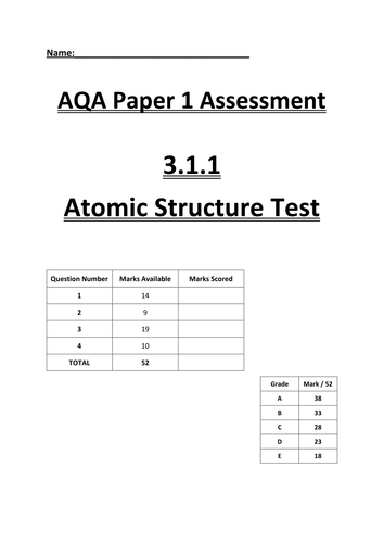 AS and Year 1 AQA Chemistry Atomic Structure Test containing 4 exam-style questions