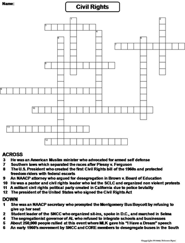 Civil Rights Crossword Puzzle Teaching Resources