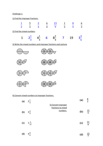 Mastery lesson worksheet for converting between improper fractions and mixed numbers