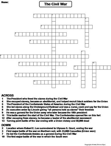 Civil War Worksheet Crossword Puzzle Teaching Resources