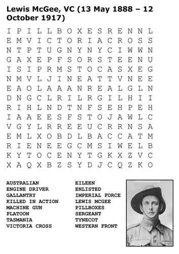 Lewis McGee  - Australian Victoria Cross Passchendaele  - Word Search