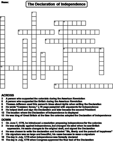 The Declaration of Independence Crossword Puzzle
