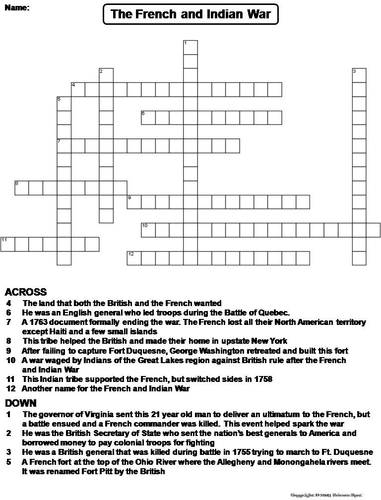 The French and Indian War Crossword Puzzle