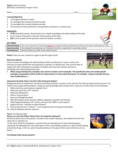 A-Level PE EDEXCEL (spec 2016) 5.4 Ethics and Deviance in Sport: Part 1