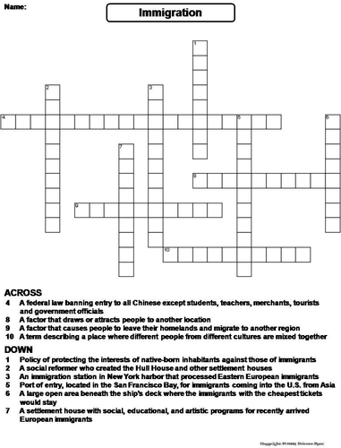 Immigration Crossword Puzzle