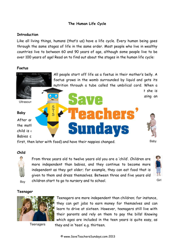 Human Life Cycle Explanation Text Comprehension / Guided reading (4 levels of difficulty)