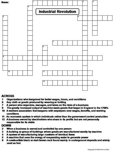 Industrial Revolution Crossword Puzzle Teaching Resources