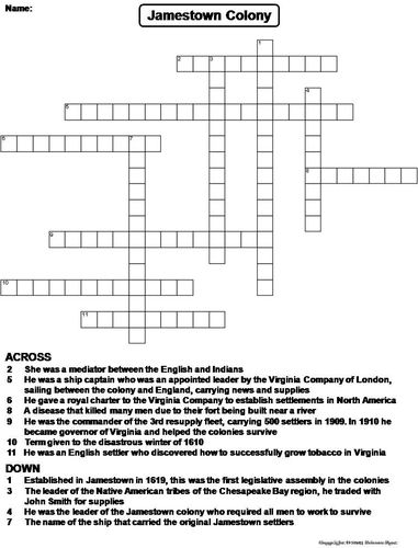 Jamestown Colony Crossword Puzzle Teaching Resources