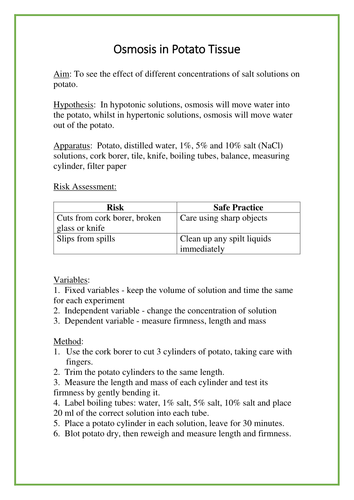 Potato Osmosis Lab Worksheet