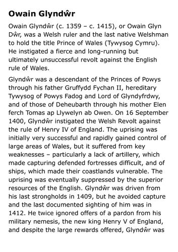 Owain Glyndŵr Handout