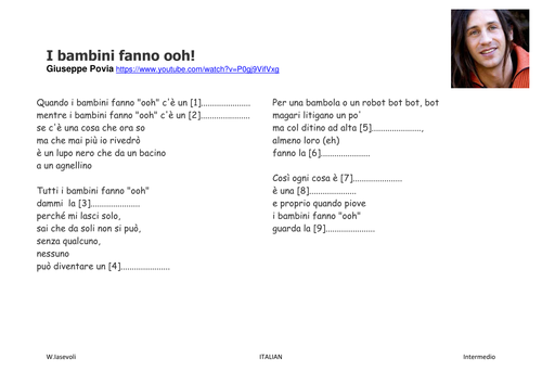 INTERMEDIATE [AS LEVEL]  ITALIAN READING COMPREHENSION & SONG GAP FILL