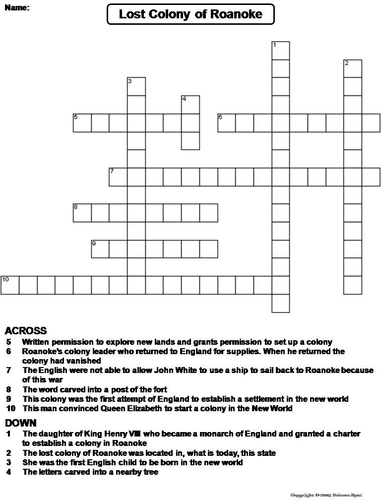 Lost Colony of Roanoke Crossword Puzzle